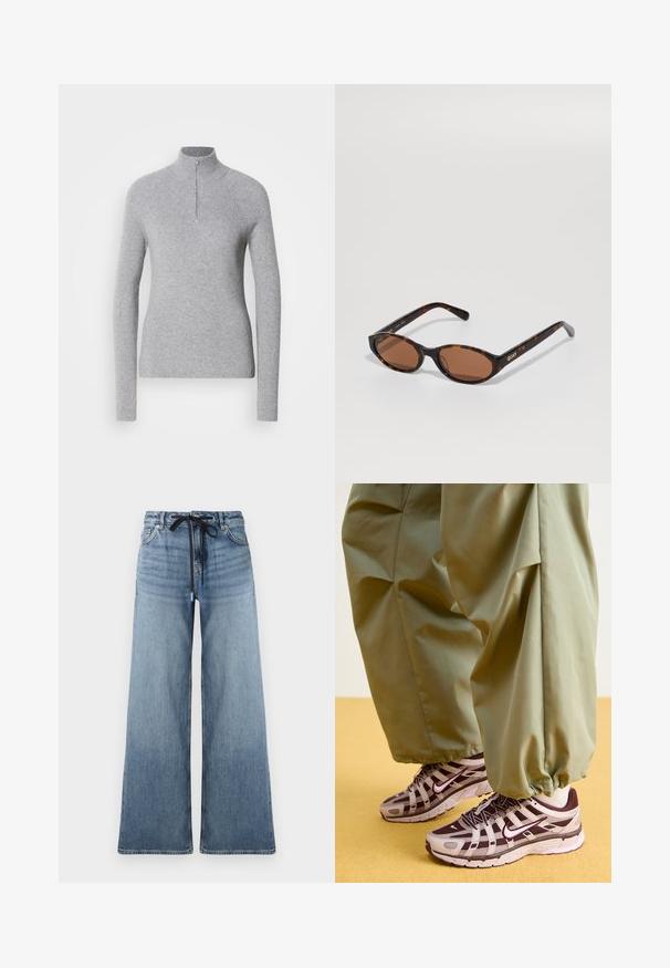 Marinefarbener Wollmantel mit Reverskragen, zwei frontalen Taschen, einer Knopfverschluss und geradem Schnitt. Strukturierter Stoff mit glatter Oberfläche.; Helles graues, geripptes Pullover-Sweatshirt mit hohem Kragen und halbem Reißverschluss am Hals. Es hat lange Ärmel und ein figurbetontes Design.; Weite Jeans aus Denim in Hellblau mit einer ausgewaschenen Textur. Verfügt über einen verstellbaren Taillenbund mit schwarzem Kordelzug und klassischen Taschen.; Sportliche Sneakers mit einem grauen und dunkelvioletten Design, ausgestattet mit einem Obermaterial aus Mesh, stützenden Riemen und einer Gummisohle, kombiniert mit lockeren grünen Hosen.; Schildpatt ovalen Sonnenbrillen mit braunen Gläsern, schräg gehalten, um das "QUAY"-Logo am rechten Gestell auf einem schlichten Hintergrund zu zeigen.