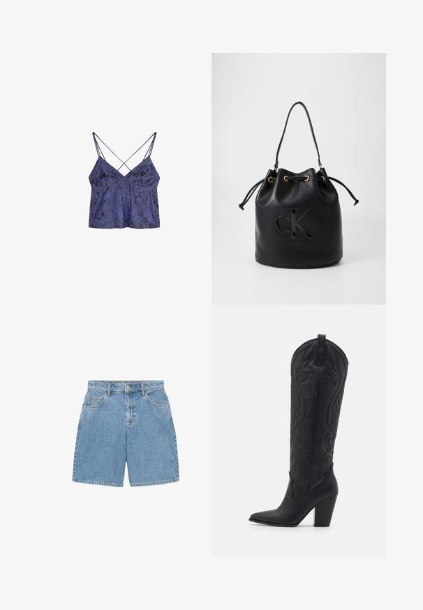 Mørkeblå uldfrakke med notch-krave, to forlommer, enkelt knaplukning og lige silhuet. Tekstureret stof med glat finish.; Lilla blomster-mønstrede satin-top med tynde, krydset stropper og en let A-line form, der har en blød, tekstureret overflade.; Denimshorts i lyseblå, med høj talje, fire lommer og synlige syninger. Lavet af tekstureret denimstof.; Zign Cowboy- / bikerstøvler - black; Sort læder bucket bag med snørelukning, der har et glosseret "CK" logo foran og hardware accenter i guld-tone.