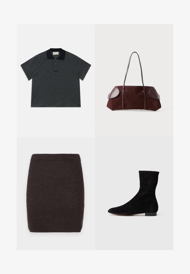 Marinefarbener Wollmantel mit Reverskragen, zwei frontalen Taschen, einer Knopfverschluss und geradem Schnitt. Strukturierter Stoff mit glatter Oberfläche.; Schwarzes Poloshirt mit kurzen Ärmeln, dünnen weißen horizontalen Streifen und drei vorderen Knöpfen, ausgestattet mit einem schwarzen Kragen und einem Stoffetikett im Nacken.; Dunkelbrauner, gerippter Strickrock mit enganliegendem Schnitt und elastischem Taillenbund, der eine glatte Textur und keine sichtbaren Muster oder Akzente aufweist.; Schwarze Wildleder-Ankelboots mit einem enganliegenden Schaft, spitzer Zehenform und niedrigem Blockabsatz. Glatte Textur und minimalistisches Design, geeignet für vielseitige Styles.; Braune Wildledertasche mit Lederakzenten, strukturiertem Design, doppelten Schulterriemen und abgerundeten Kanten, ausgestattet mit einer glatten Textur und minimalem Hardware.