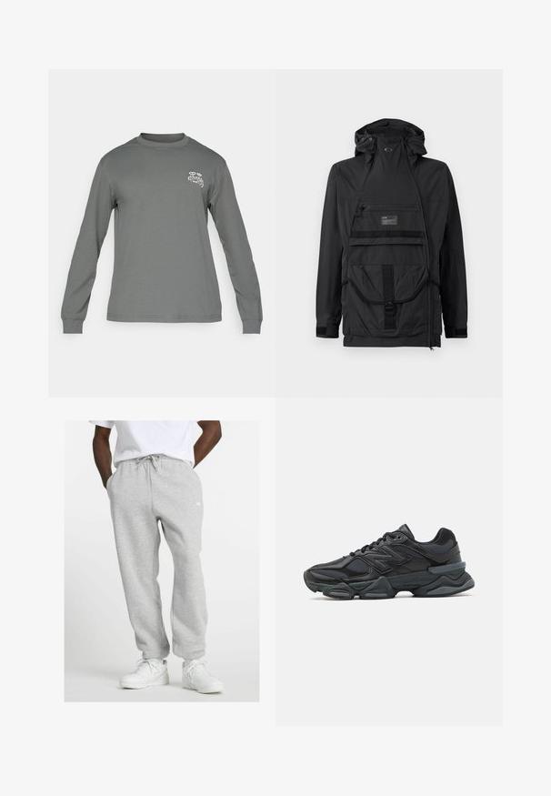 Čierna bunda odolná proti počasiu s vysokým golierom, nastaviteľnou kapucňou, viacerými prednými vreckami a predným popruhom na pracky.; Dlhý rukáv v sivej tkanine, s okrúhlym výstrihom a bielym grafickým logom na ľavej hrudi. Hladká textúra a jednoduchý dizajn.; Muž v svetlo sivých teplákoch s brmbolcom a bielych teniskách, stojaci s rukami v vreckách na bielom pozadí.; Čierna bežecká obuv so zmesou sieťoviny a syntetických materiálov, robustnou podrážkou, zakriveným dizajnom a výrazným logom na boku.