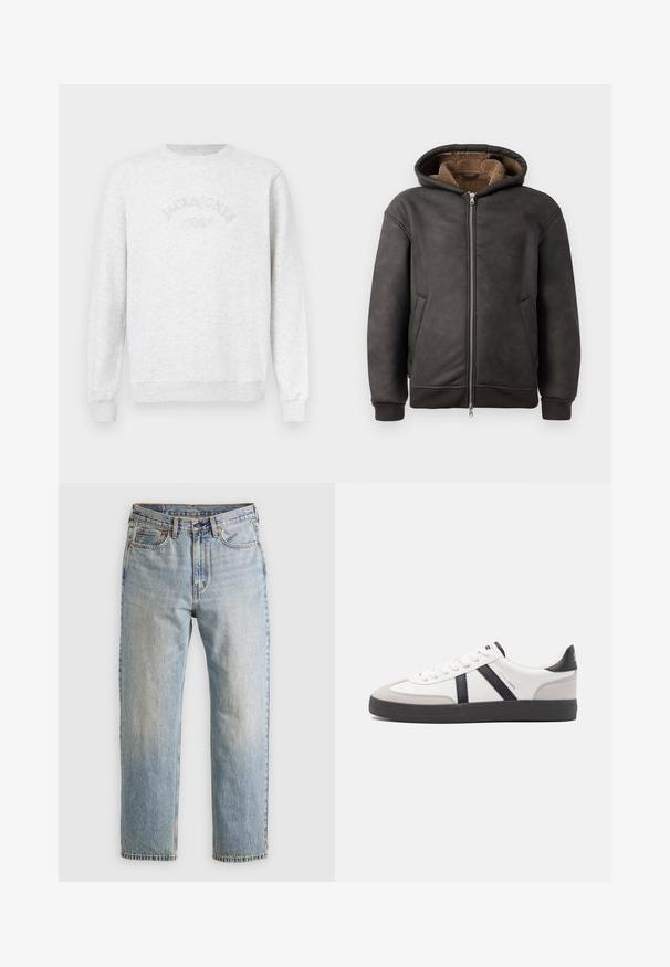 Donkergrijze gewatteerde hoodie van leer, met een ritsluiting, twee zijzakken en een zachte bruine voering, inclusief een capuchon en ribgebreide manchetten.; Grijze sweater gemaakt van zachte stof. Heeft ribgebreide manchetten en zoom, met het geborduurde logo "JACK & JONES" in een gebogen ontwerp op de borst.; Lichtblauwe denim jeans met hoge taille, frontknop, rits en vijfzakkenontwerp, plat gelegd op een neutrale achtergrond.; Witte sneaker met zwarte en grijze accenten, voorzien van een grijze neus met textuur, zwarte rubberen zool en platte witte veters. Schoon ontwerp, minimalistische stijl.