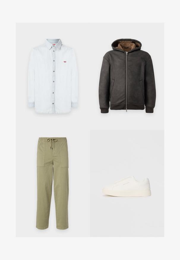 Um hoodie acolchoado de cor cinza escuro, feito de couro, com fecho de zip, dois bolsos laterais e um forro macio castanho, com capuz e punhos canelados.; Camisa de ganga azul clara com fecho de botões na frente, mangas longas e um pequeno logótipo vermelho no lado esquerdo do peito. Os botões prateados completam o design.; Calças verde-oliva claras feitas de um tecido de algodão misto, com um cós elástico com cordão e dois bolsos laterais grandes.; Sapatilhas brancas de atacar com uma superfície texturizada, sola grossa e design minimalista. Possui o logo da marca na lateral.