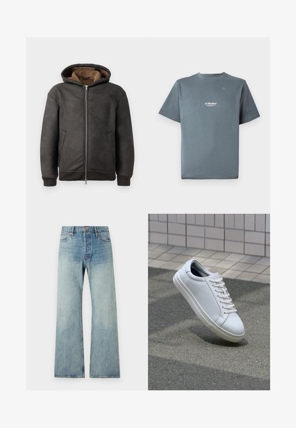 Tumši pelēki polsterēts kapuci, kas izgatavots no ādas, ar rāvējslēdzēja aizdari, divām sānu kabatām un mīkstu brūnu odere, ar kapuci un ribota apkakle.; Pelēka kokvilnas T-krekls ar apaļu kaklu, īsām piedurknēm un mazu baltu "JJ Studios" logotipu uz krūtīm. Gluda tekstūra un brīva piegriezuma forma.; Gai zilo denimu platākas džinsus ar augstu jostasvietu, varš aparatūru, piecām kabatām un nelielu izbalēšanu, lai radītu valkāta izskatu.; Baltas ādas sporta apavi ar gludu virsmu, šņorējams dizains un noapaļota purngala forma. Piedāvā teksturētu gumijas zoli un minimālistiskas detaļas.