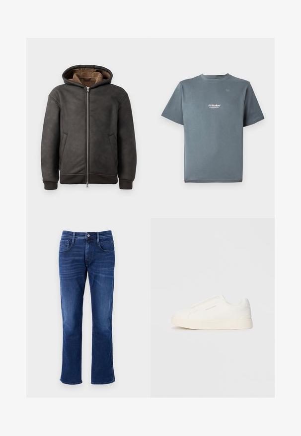 Um hoodie acolchoado de cor cinza escuro, feito de couro, com fecho de zip, dois bolsos laterais e um forro macio castanho, com capuz e punhos canelados.; T-shirt cinza de algodão com decote redondo, mangas curtas e um pequeno logótipo branco "JJ Studios" no peito. Textura suave e corte descontraído.; Jeans de denim azul escuro com perna reta, cinco bolsos, fecho de botão e um leve desbotamento. Apresenta costuras clássicas e um cós.; Sapatilhas brancas de atacar com uma superfície texturizada, sola grossa e design minimalista. Possui o logo da marca na lateral.