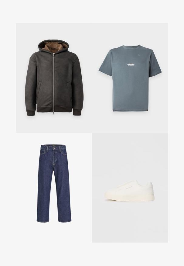 Tamsiai pilkas paminkštintas džemperis, pagamintas iš odos, su užtrauktuku, dviem šoninėmis kišenėmis ir švelnia rudą pamušalu, su gobtuvu ir guma apyrankėmis.; Pilkas medvilninis marškinėliai su apvaliu kaklu, trumpomis rankovėmis ir mažuoju baltuoju „JJ Studios“ logotipu ant krūtinės. Lygi tekstūra ir laisvas pritaikymas.; Tamsiai mėlynos džinsinės kelnės su tiesiu kirpimu, penkių kišenių dizainu, metaline sagte ir kontrastingomis siūlėmis, pasižyminčios subtilia tekstūra.; Baltos slip-on sportbačiai su tekstūruota paviršiumi, storesniu padu ir minimalistišku dizainu. Šone matosi prekės ženklo logotipas.