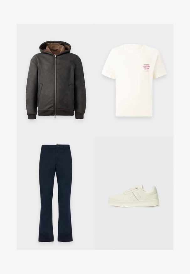 Dark gray padded hoodie made of leather, featuring a zip closure, two side pockets, and a soft brown lining with a hood and ribbed cuffs.; White short-sleeve T-shirt with red text "Studio Originals Edition" on left chest, displayed on a neutral gray background.; Navy blue cotton pants with a straight leg design, featuring a front button closure, belt loops, and two side pockets. Smooth texture.; Cream-colored sneaker with perforated detailing, laces, and logo on the side, displayed against a plain white background.