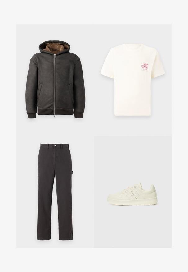Σκουρό γκρι επενδεδυμένη φούτερ από δέρμα, με κλείσιμο τύπου φερμουάρ, δύο πλευρικές τσέπες και μαλακή καφέ επένδυση, με κουκούλα και πλεκτούς καρπούς.; Άσπρη κοντομάνικη μπλούζα με κόκκινο κείμενο "Studio Originals Edition" στο αριστερό στήθος, παρουσιασμένη σε ουδέτερο γκρι φόντο.; Σκούρες γκρι βαμβακερές παντελόνες με ίσια γραμμή, διαθέτοντας κλείσιμο με κουμπί μπροστά και πλαϊνές τσέπες, κατασκευασμένες από ανθεκτικό ύφασμα.; Αθλητικό παπούτσι σε κρέμα χρώμα με διάτρητη λεπτομέρεια, κορδόνια και λογότυπο στο πλάι, τοποθετημένο σε λευκό φόντο.
