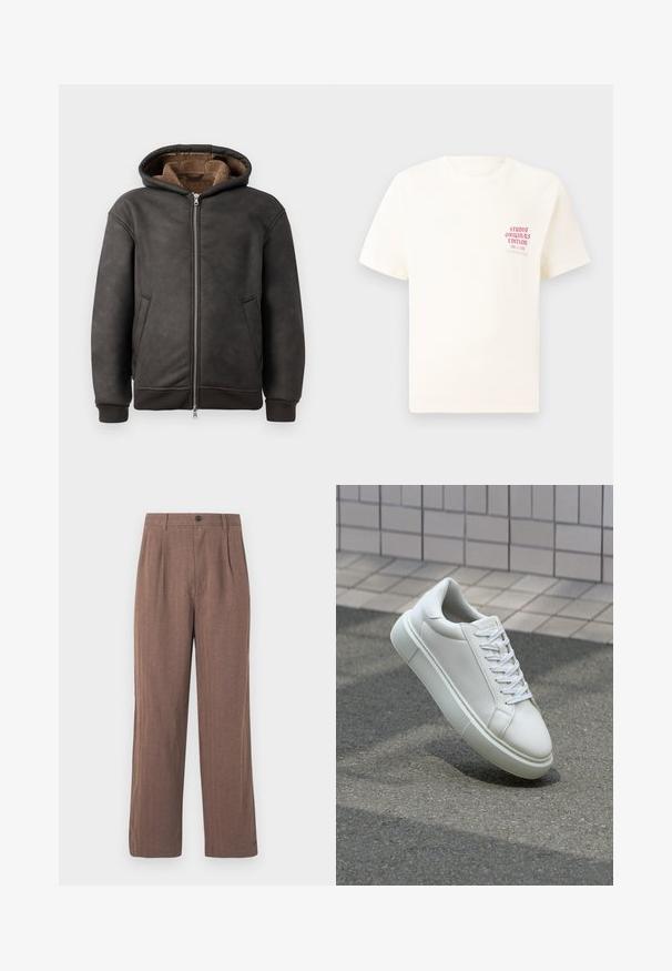 Dunkelgrauer gepolsterter Hoodie aus Leder, mit Reißverschluss, zwei Seitentaschen und einem weichen braunen Futter, Kapuze und gerippten Bündchen.; Weißes T-Shirt mit kurzen Ärmeln und rotem Text "Studio Originals Edition" auf der linken Brust, präsentiert vor einem neutralen grauen Hintergrund.; Braune, weit geschnittene Hosen aus strukturiertem Stoff, mit Falten und einem Knopfverschluss an der Taille. Maßgeschneiderter Schnitt mit klaren Linien.; Weiße Leder-Sneaker mit glatter Oberfläche, runder Zehenpartie und flachen weißen Schnürsenkeln. Verfügt über eine strukturierte Gummisohle und minimalistische Designelemente.
