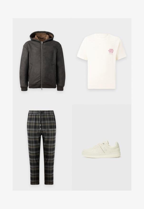 Haut de survêtement à capuche rembourré gris foncé en cuir, doté d'une fermeture éclair, de deux poches latérales et d'un doux doublure marron avec une capuche et des poignets côtelés.; T-shirt blanc à manches courtes avec le texte rouge "Édition Originals du Studio" sur la poitrine gauche, présenté sur un fond gris neutre.; Pantalons à carreaux noirs avec des motifs gris et vert olive. Dotés d'une taille élastique avec cordon de serrage et de jambes fuselées. Texture de tissu douce.; Sneaker couleur crème avec des détails perforés, des lacets et un logo sur le côté, présenté sur un fond blanc uni.
