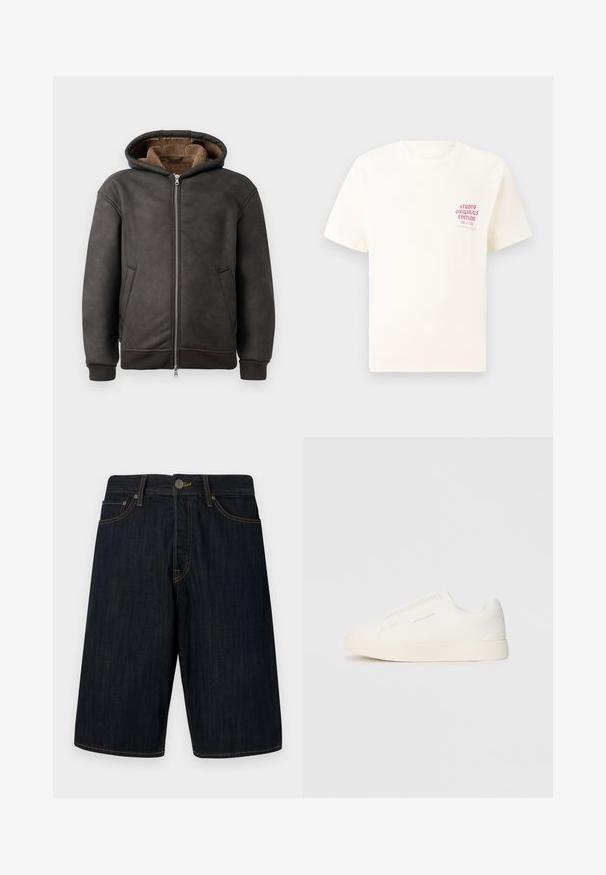 Tmavě šedá vycpaná mikina s kapucí vyrobená z kůže, s předním zipem, dvěma postranními kapsami a měkkou hnědou podšívkou, kapucí a žebrovanými manžetami.; Bílý krátký rukávový tričko s červeným textem "Studio Originals Edition" na levé hrudi, vystavené na neutrálním šedém pozadí.; Tmavé denimové šortky se rovný střih, s žlutým prošíváním, pěti kapsami a předním zapínáním na knoflík. Hladká textura.; Bílé slip-on tenisky s texturovaným povrchem, silnou podešví a minimalistickým designem. Na boku je umístěno logo značky.