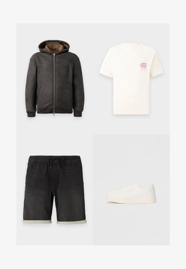 Felpa con cappuccio imbottita di colore grigio scuro, realizzata in pelle, con chiusura a zip, due tasche laterali e un morbido rivestimento marrone con cappuccio e polsini a coste.; T-shirt bianco a maniche corte con testo rosso "Studio Originals Edition" sul lato sinistro del petto, esposto su uno sfondo grigio neutro.; Shorts in denim nero con vita elasticizzata e coulisse. Presentano orli arrotolati e sottili variazioni di texture in tutto il tessuto.; Sneakers bianchi slip-on con superficie texturizzata, suola spessa e design minimalista. Presentano il logo del marchio sul lato.