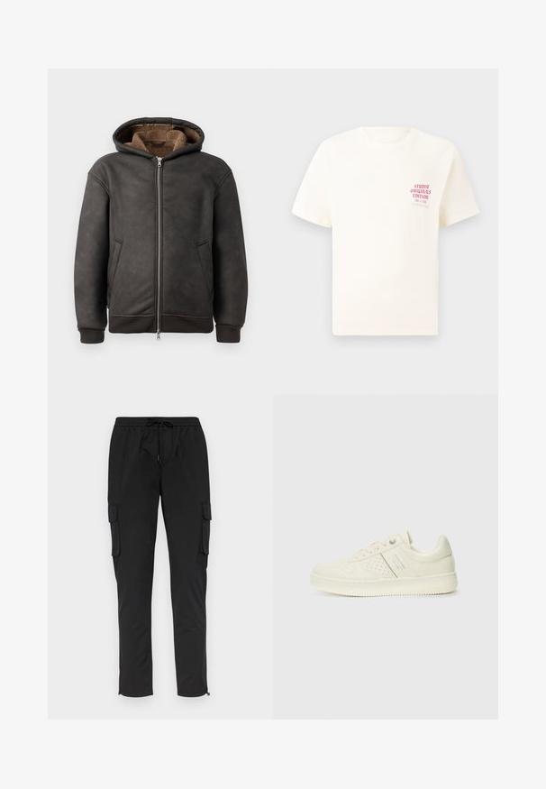 Tamno siva, podstavljena dukserica od kože, s patentnim zatvaračem, dva bočna džepa i mekim smeškim podstavom s kapuljačom i rebrastim manžetama.; Bijela kratka majica s kratkim rukavima s crvenim natpisom "Studio Originals Edition" na lijevoj strani grudi, prikazana na neutralnoj sivoj pozadini.; Crne cargo hlače s elastičnom linijom struka i vezicom, s bočnim džepovima i patentnim zatvaračima na rubovima, izrađene od lagane tkanine.; Kremasto bijele tenisice s perforiranim detaljima, vezicama i logotipom s bočne strane, prikazane na jednostavnoj bijeloj pozadini.