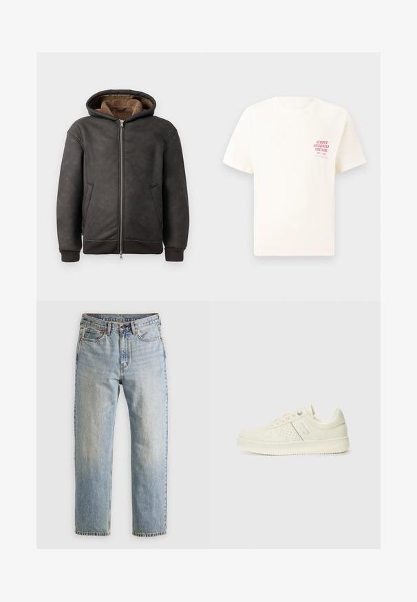 Um hoodie acolchoado de cor cinza escuro, feito de couro, com fecho de zip, dois bolsos laterais e um forro macio castanho, com capuz e punhos canelados.; T-shirt branca de mangas curtas com o texto vermelho "Edição Originais do Estúdio" no lado esquerdo do peito, apresentada sobre um fundo cinza neutro.; Jeans de ganga azul claro com cintura alta, fecho frontal, zipper e design de cinco bolsos, dispostos de forma plana sobre um fundo neutro.; Sapatilha de cor creme com detalhes perfurados, atacadores e logotipo na lateral, apresentada contra um fundo branco liso.