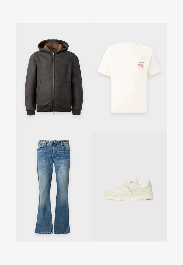 Um hoodie acolchoado de cor cinza escuro, feito de couro, com fecho de zip, dois bolsos laterais e um forro macio castanho, com capuz e punhos canelados.; T-shirt branca de mangas curtas com o texto vermelho "Edição Originais do Estúdio" no lado esquerdo do peito, apresentada sobre um fundo cinza neutro.; Calças de ganga azuis, em corte flare, com um efeito desbotado. Apresentam cinco passadores de cinto, um fecho de botão e detalhes de costura clássicos.; Sapatilha de cor creme com detalhes perfurados, atacadores e logotipo na lateral, apresentada contra um fundo branco liso.