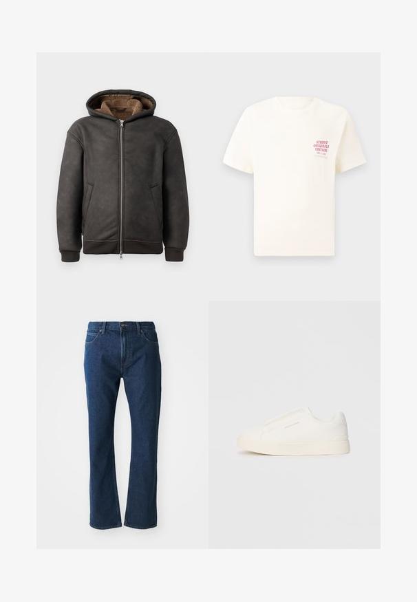 Hanorac căptușit de culoare gri închis, confecționat din piele, având închidere cu fermoar, două buzunare laterale și o căptușeală moale de culoare maronie, cu glugă și manșete ribbate.; Tricou alb cu mânecă scurtă, având text roșu "Studio Originals Edition" pe partea stângă a pieptului, expus pe un fundal gri neutru.; Jeans din denim albastru închis, cu tăietură dreaptă, închidere frontală cu buton și fermoar, brâuri pentru curea și buzunare frontale și dorsale.; Tenisi albi slip-on cu o suprafață texturată, talpă groasă și un design minimalist. Prezintă logo-ul brandului pe lateral.