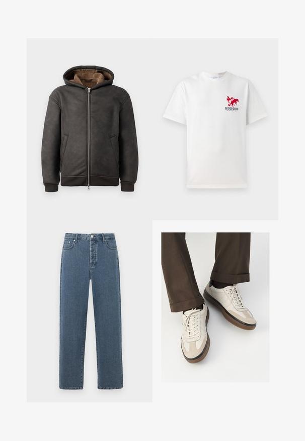 Dunkelgrauer gepolsterter Hoodie aus Leder, mit Reißverschluss, zwei Seitentaschen und einem weichen braunen Futter, Kapuze und gerippten Bündchen.; Weißes Baumwoll-T-Shirt mit einem roten Cowboy- und Pferde-Graphic auf der linken Brust und dem Text "RODEO DAYS" unterhalb des Designs.; Blaue Jeans aus Denim mit geradem Bein, ausgestattet mit einem Reißverschluss, Gürtelschlaufen und einer fünf Taschen-Styling. Der Stoff zeigt leichte Ausbleichungen und Struktur.; Beige Sneakers mit einer strukturierten Wildlederfront, glatten Lederseiten und einer braunen Gummisohle. Bändel und helle Nähdetails sind enthalten.