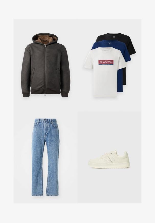 Dark gray padded hoodie made of leather, featuring a zip closure, two side pockets, and a soft brown lining with a hood and ribbed cuffs.; Three stacked short-sleeve crew neck t-shirts in white with red and blue logo, navy blue, and black, displayed on white background.; Light blue denim jeans featuring a high waist, wide leg design, classic five-pocket style, and subtle fading along the fabric.; Cream-colored sneaker with perforated detailing, laces, and logo on the side, displayed against a plain white background.