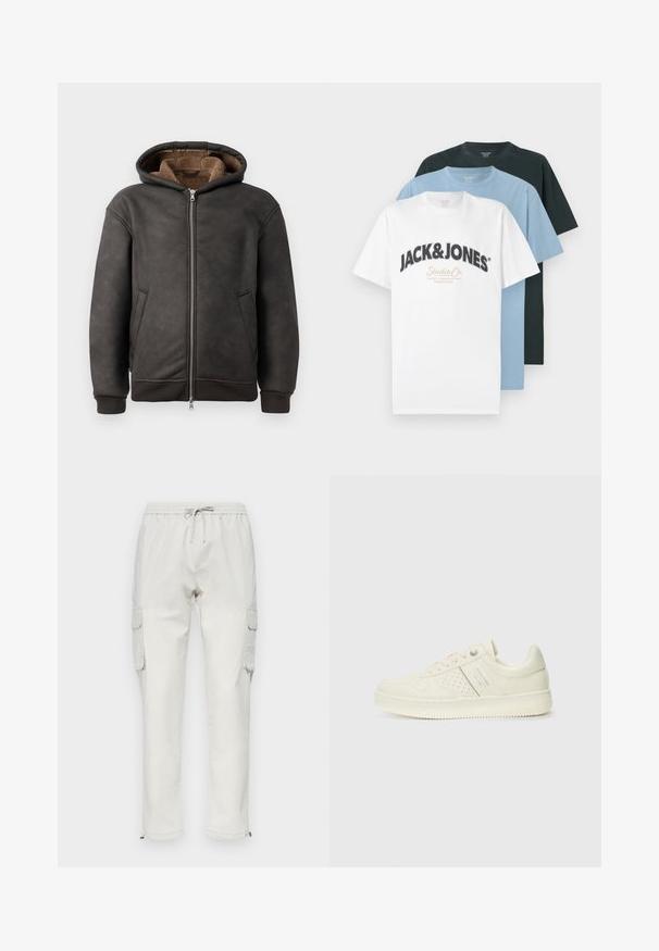 Σκουρό γκρι επενδεδυμένη φούτερ από δέρμα, με κλείσιμο τύπου φερμουάρ, δύο πλευρικές τσέπες και μαλακή καφέ επένδυση, με κουκούλα και πλεκτούς καρπούς.; Τρία διπλωμένα κοντομάνικα μπλουζάκια με στρογγυλή λαιμόκοψη σε λευκό με το λογότυπο Jack & Jones, απαλό μπλε και μαύρο, στοιβαγμένα σε λευκό φόντο.; Ανοιχτό μπεζ cargo παντελόνι από βαμβάκι με ελαστική ζώνη και κορδόνι, διαθέτοντας πλαινές τσέπες και φερμουάρ στους αστραγάλους.; Αθλητικό παπούτσι σε κρέμα χρώμα με διάτρητη λεπτομέρεια, κορδόνια και λογότυπο στο πλάι, τοποθετημένο σε λευκό φόντο.