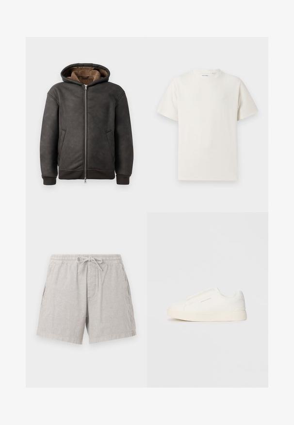 Σκουρό γκρι επενδεδυμένη φούτερ από δέρμα, με κλείσιμο τύπου φερμουάρ, δύο πλευρικές τσέπες και μαλακή καφέ επένδυση, με κουκούλα και πλεκτούς καρπούς.; Λευκή κοντομάνικη μπλούζα με ριγωτή υφή. Στρογγυλή λαιμόκοψη, χαλαρή εφαρμογή, χωρίς ορατά σχέδια ή λεπτομέρειες. Απλός και ευέλικτος σχεδιασμός.; Γκρι λινές βερμούδες με ελαστική μέση και κορδόνι. Διαθέτουν πλαϊνές τσέπες και χαλαρή εφαρμογή, με διακριτική υφή.; Λευκά slip-on παπούτσια με υφή, παχύ πάτο και μινιμαλιστικό σχέδιο. Φέρει το λογότυπο της μάρκας στο πλάι.