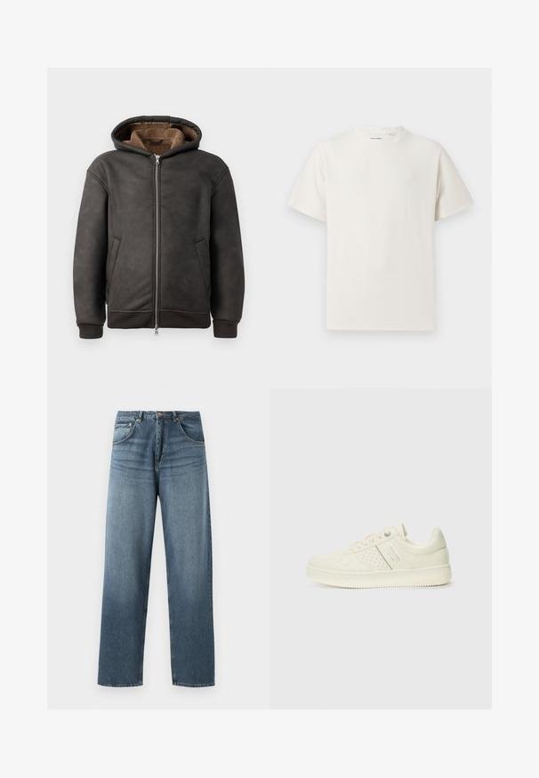 Um hoodie acolchoado de cor cinza escuro, feito de couro, com fecho de zip, dois bolsos laterais e um forro macio castanho, com capuz e punhos canelados.; T-shirt branco de manga curta em textura canelada. Gola redonda, ajuste descontraído, sem padrões ou detalhes visíveis. Design simples e versátil.; Jeans de denim azul de perna reta com um acabamento desbotado, apresentando um design de cinco bolsos, botão de metal e passadores para cinto. Tecido estruturado de peso médio.; Sapatilha de cor creme com detalhes perfurados, atacadores e logotipo na lateral, apresentada contra um fundo branco liso.