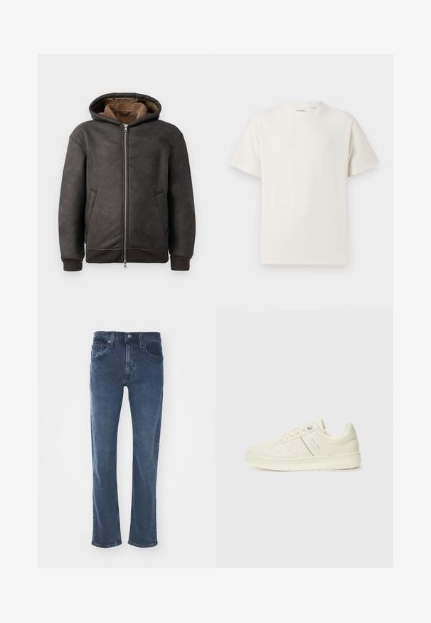 Mörkgrå vadderad hoodie gjord av läder, med dragkedjestängning, två sidofickor och en mjuk brun foder med huva och ribbade ärmslut.; Vit t-shirt med kort ärm i ribbad struktur. Rund halsringning, löst sittande passform, inga synliga mönster eller detaljer. Enkelt och mångsidigt design.; Mörkblå denimjeans med rak passform, femfickorsdesign, subtila sömnadsdetaljer och en klassisk midja med knäppning.; Krämfärgad sneaker med perforerade detaljer, snören och logotyp på sidan, visad mot en enkel vit bakgrund.