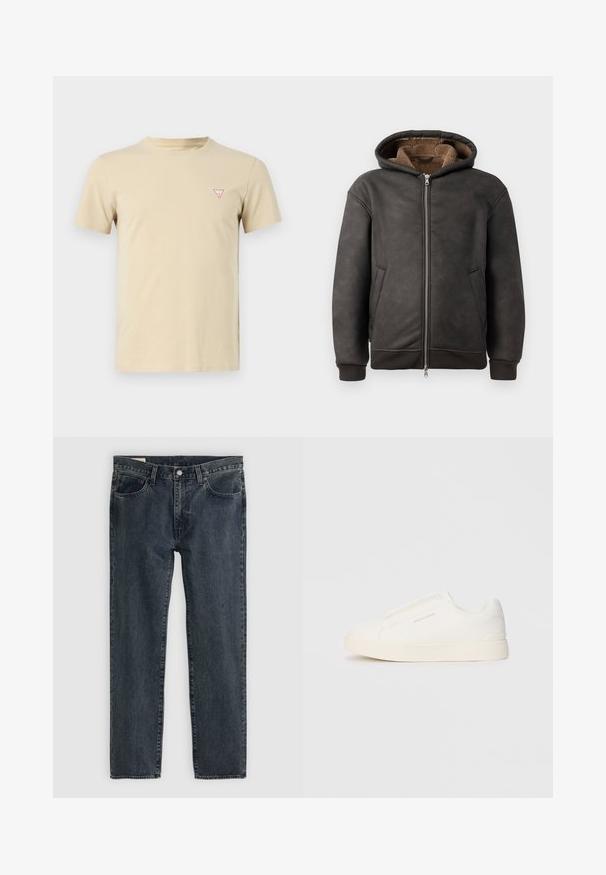 Donkergrijze gewatteerde hoodie van leer, met een ritsluiting, twee zijzakken en een zachte bruine voering, inclusief een capuchon en ribgebreide manchetten.; Beige katoenen t-shirt met een ronde hals, korte mouwen en een klein rood driehoeklogo op de linkerkant van de borst. Eenvoudig ontwerp, zachte textuur.; Donkerblauwe denim jeans met een recht model, vijf zakken en een knoopsluiting. De stof toont een subtiele vervaging en textuur.; Witte instap sneakers met een gestructureerd oppervlak, een dikke zool en een minimalistisch ontwerp. Bevat het merklogo aan de zijkant.