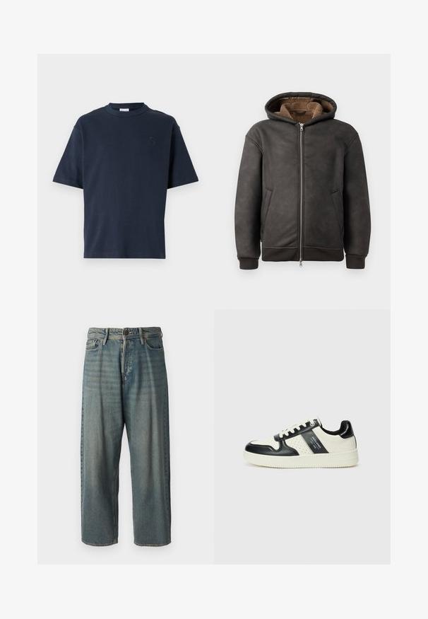 Dark gray padded hoodie made of leather, featuring a zip closure, two side pockets, and a soft brown lining with a hood and ribbed cuffs.; Navy blue short-sleeve t-shirt made of cotton. Features a round neck and a subtle logo on the chest. Straight cut design with no patterns.; Light blue denim jeans with a loose fit, mid-rise waist, and straight legs. Features five pockets, belt loops, and a button closure.; Leather sneakers with a black and cream color scheme, featuring perforated accents, a padded collar, and a textured outsole.