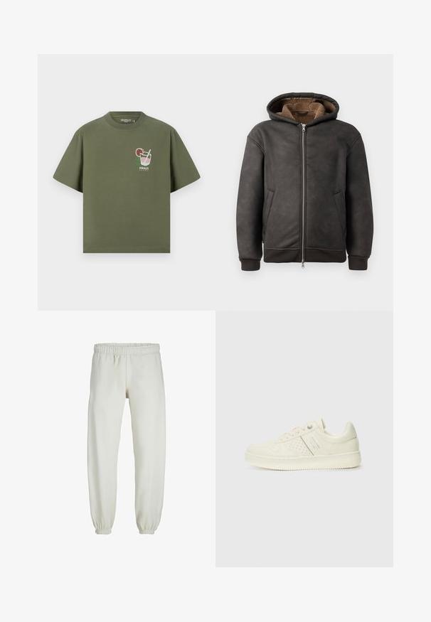 Sötétszürke, bőrből készült, párnázott kapucnis pulóver, cipzáras záródással, két oldalsó zsebbel, puha barna béléssel, kapucnival és bordás mandzsettákkal.; Olívazöld pamut póló rövid ujjakkal, nyomtatott koktélpohár mintával és alatta fehér "AMALFI COAST" felirattal.; Fehér melegítőnadrág, puha anyagból készült, rugalmas derékrésszel és mandzsettával, sima tapintású és laza szabású.; Krém színű sneaker perforált részletekkel, fűzőkkel és logóval az oldalán, egy sima fehér háttér előtt kiállítva.
