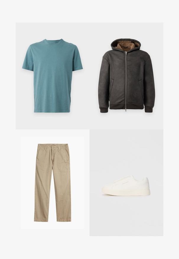 Um hoodie acolchoado de cor cinza escuro, feito de couro, com fecho de zip, dois bolsos laterais e um forro macio castanho, com capuz e punhos canelados.; T-shirt de algodão em teal com decote redondo, mangas curtas e um corte descontraído. Textura suave sem padrões ou elementos em destaque visíveis.; Chinos bege de perna reta com passantes para cinto, fecho frontal com botão e fecho de correr, e bolsos frontais inclinados.; Sapatilhas brancas de atacar com uma superfície texturizada, sola grossa e design minimalista. Possui o logo da marca na lateral.