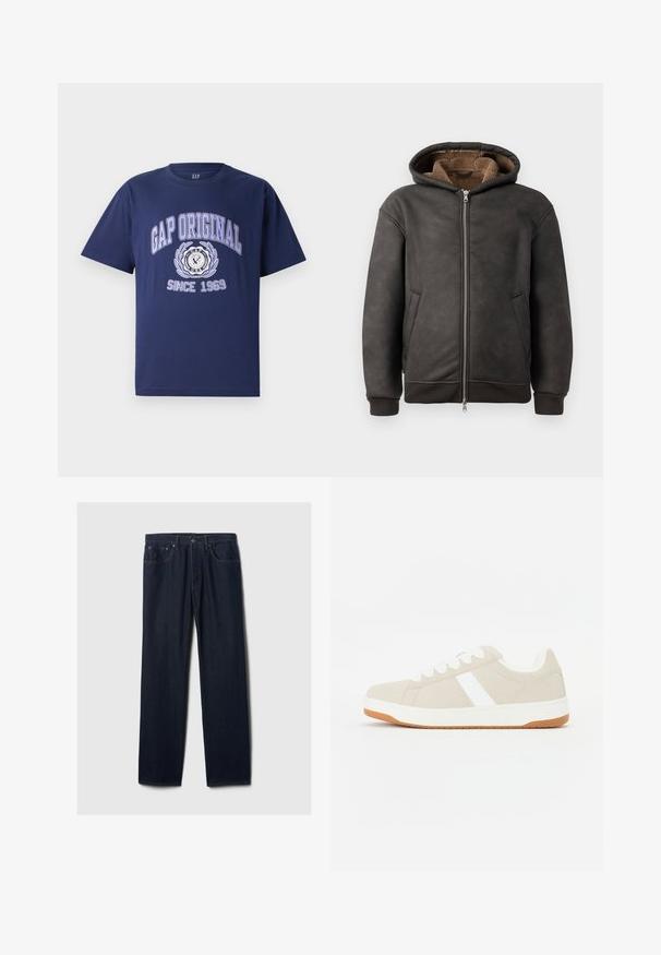 Tmavošedá prešívaná mikina z kože, ktorá má zips, dve bočné vrecká a mäkkú hnedú podšívku s kapucňou a rebrovanými manžetami.; Námornícky modré bavlnené tričko s krátkymi rukávmi, s nápisom "GAP ORIGINAL" a grafickým dizajnom, kruhovým emblémom a "SINCE 1969" nižšie.; Tmavomodré džíny so štýlovým strihom rovného nohavice, päť vrecúškový dizajn, zapínanie na gombík a viditeľné švy na svetlom pozadí.; béžové tenisky s bielymi akcentmi, zamatová textúra, zaoblený tvar, šnúrkové zapínanie a kontrastná gumová podrážka.