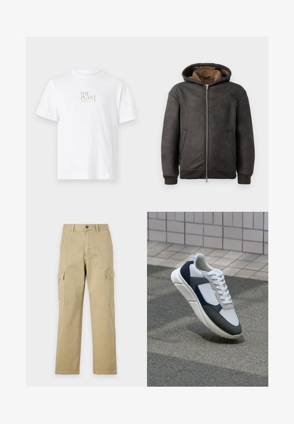 Tamno siva, podstavljena dukserica od kože, s patentnim zatvaračem, dva bočna džepa i mekim smeškim podstavom s kapuljačom i rebrastim manžetama.; Bijela pamučna majica s zlatnim logotipom "THE PLANT" otisnutim na prednjoj strani. Kratki rukavi i klasičan dizajn okruglog izreza.; Bež cargo hlače izrađene od pamuka, s dva bočna džepa, zatvaranjem na gumb i ravnim nogavicama od blago teksturirane tkanine.; Bijela, mornarsko plava i siva tenisica s dizajnom od miješanih materijala, koja ima teksturirani gornji dio, ravne vezice i udoban đon.