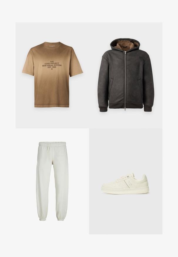 Donkergrijze gewatteerde hoodie van leer, met een ritsluiting, twee zijzakken en een zachte bruine voering, inclusief een capuchon en ribgebreide manchetten.; Bruine katoenen t-shirt met korte mouwen, voorzien van een centraal grafisch ontwerp in donkerbruine tekst. Klassieke ronde hals met rechte zoom.; Witte sweatpants gemaakt van zachte stof, met een elastische tailleband en boorden, een gladde textuur en een losvallend ontwerp.; Crème-kleurige sneaker met geperforeerde details, veters en een logo aan de zijkant, weergegeven tegen een eenvoudige witte achtergrond.