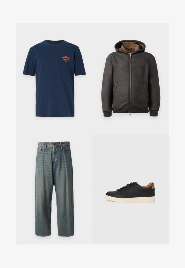 Temno siva oblažena kapuca iz usnja, ki ima zadrgo, dva stranska žepa ter mehak rjav podložen material, kapuco in reberčaste manšete.; Mornarsko modra bombažna majica s kratkimi rokavi, okroglo ovratnikom in oranžnim vezenim logotipom "Wrangler Jeans 1947" na prsih.; Svetlomoderne kavbojke z ohlapnim krojem, srednjim pasom in ravnimi nogami. Imajo pet žepov, zanke za pas in zapiranje na gumb.; Črne usnjene superge s kremasto gumijasto podplatom, ki imajo gladko površino, rjav poudarek na peti in tri dekorativne črte na strani.