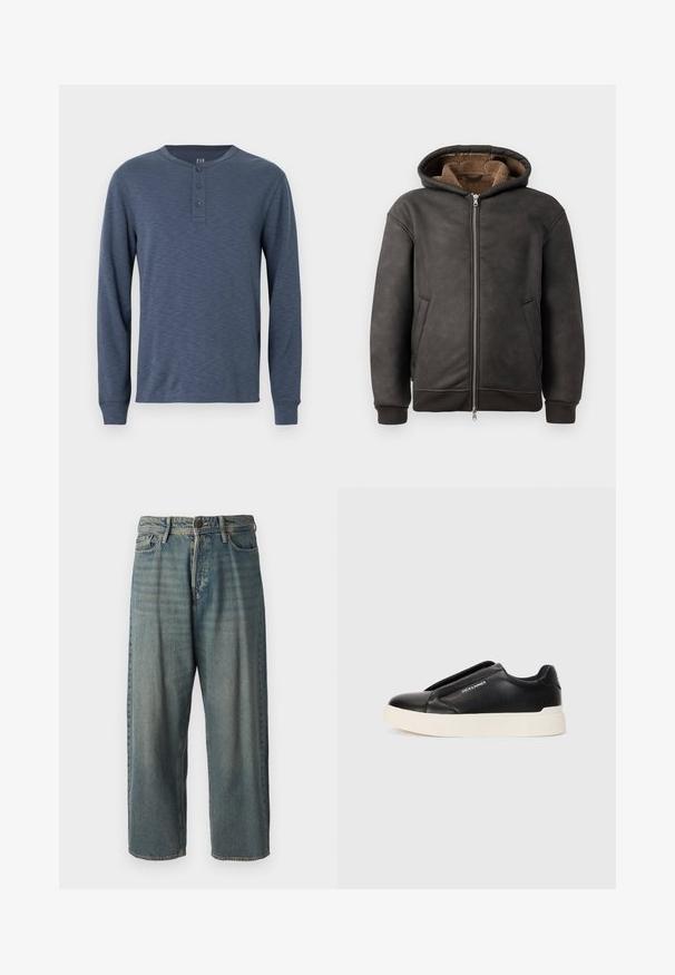 Σκουρό γκρι επενδεδυμένη φούτερ από δέρμα, με κλείσιμο τύπου φερμουάρ, δύο πλευρικές τσέπες και μαλακή καφέ επένδυση, με κουκούλα και πλεκτούς καρπούς.; Μπλε μακρυμάνικο μπλουζάκι Henley με υφή, με στρογγυλή λαιμόκοψη και τρία κουμπιά στο στήθος.; Ανοιχτό μπλε τζιν παντελόνι με χαλαρή γραμμή, μέση μέσου ύψους και ευθείες γραμμές. Περιλαμβάνει πέντε τσέπες, θηλιές ζώνης και κούμπωμα με κουμπί.; Μαύρο slip-on sneaker με υφή δερμάτινης επένδυσης, λευκή καουτσούκ σόλα και χωρίς ορατά κορδόνια. Διαθέτει λογότυπο της μάρκας στο πλάι.