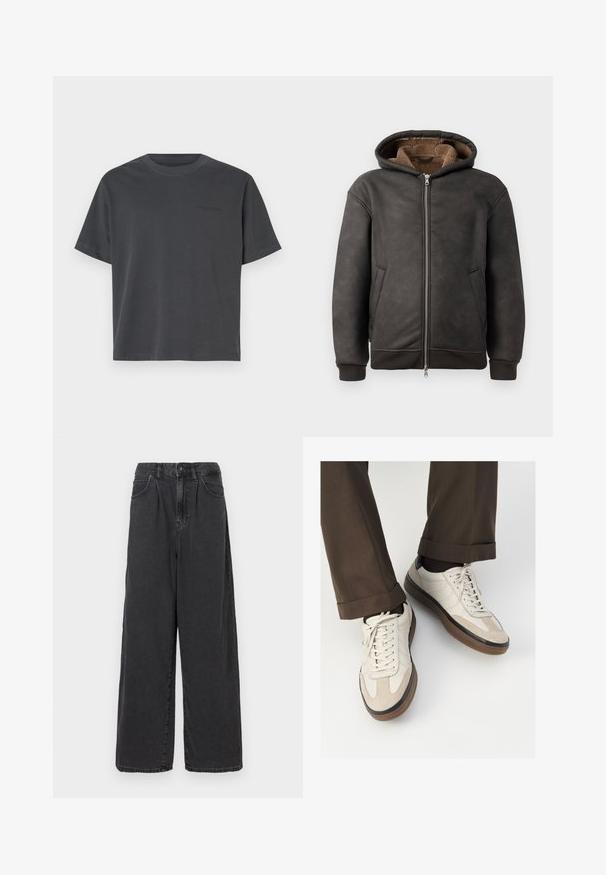 Dark gray padded hoodie made of leather, featuring a zip closure, two side pockets, and a soft brown lining with a hood and ribbed cuffs.; Dark gray cotton T-shirt with a round neckline, short sleeves, straight hem, and subtle text detail on the chest.; Wide-leg, high-waisted black denim pants with a front button and zipper closure, featuring side pockets and a smooth texture.; Beige sneakers with a textured suede front, smooth leather sides, and a brown rubber sole. Laces and light stitching detail included.