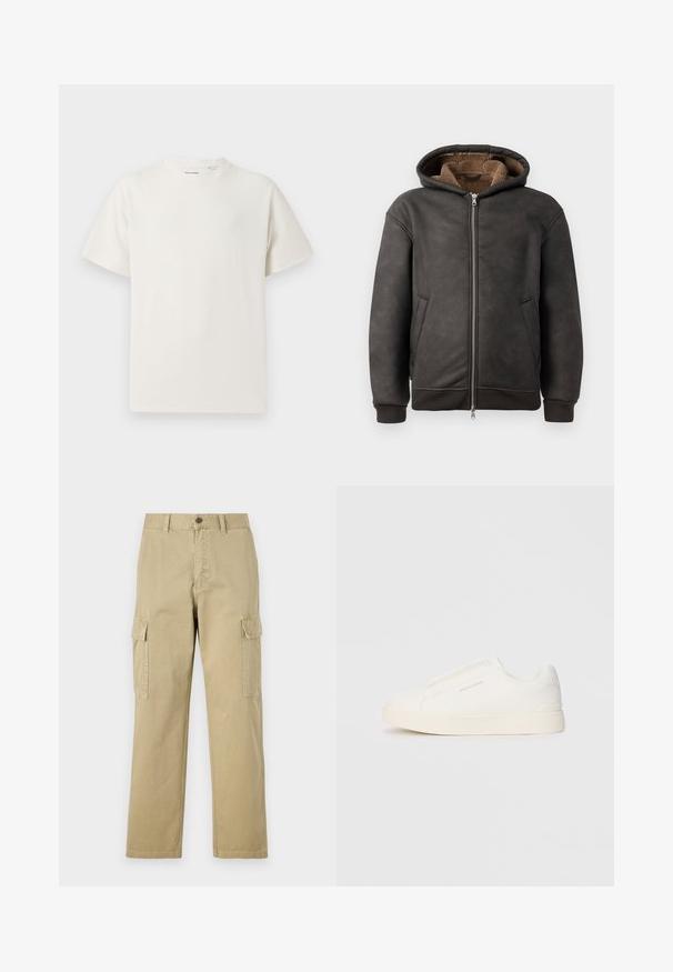 Dark gray padded hoodie made of leather, featuring a zip closure, two side pockets, and a soft brown lining with a hood and ribbed cuffs.; White short-sleeve T-shirt in a ribbed texture. Round neckline, relaxed fit, no visible patterns or accents. Simple and versatile design.; Beige cargo pants made of cotton, featuring two side pockets, a button closure, and straight legs with a slightly textured fabric.; White slip-on sneakers with a textured surface, a thick sole, and minimalistic design. Features brand logo on the side.