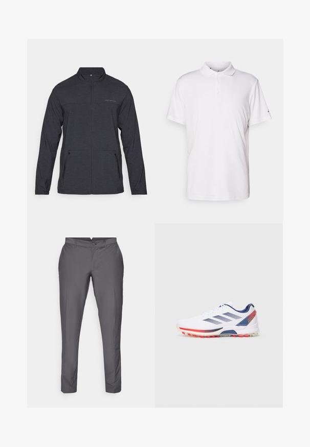 Černá bunda s dlouhým rukávem a zipovým límečkem, dvě boční kapsy a decentní logo na hrudi. Hladká textura, lehký materiál.; Bílá polokošile vyrobená z hladké bavlny, s klasickým límcem, tříknoflíkovou légou a krátkými rukávy. Diskrétní logo značky na rukávu.; Šedé kalhoty vyrobené z hladké tkaniny. Mají štíhlý střih s plochým předním dílem, poutky na opasek a zapínání na knoflík. Klasický design.; Bílé sportovní boty s námořnickými pruhy, červenými a námořnickými geometrickými akcenty na patě a červenými kopačkami na podešvi, zobrazené z vnější strany.