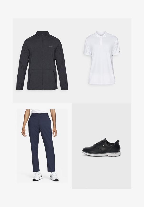 Svart, langermet jakke med glidelåskrage, to sidelommer og en subtil logo på brystet. Glatt tekstur, lett stoff.; Hvit kortermet polo-skjorte laget av syntetisk materiale. Har kragehals og sort Nike-logo på venstre erme.; Marine bukser laget av glatt stoff med rett ben-design, som har en frontlomme og beltehemper, sammen med hvite sneakers.; Sorte lær lissene Skechers-sneakers med hvit såle, side-logo og teksturert grep på sålen mot en enkel lys bakgrunn.