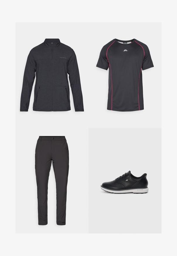 Black, long-sleeve jacket with a zippered collar, two side pockets, and a subtle logo on the chest. Smooth texture, lightweight fabric.; Short-sleeve athletic t-shirt made of black synthetic fabric with pink contrast stitching and a small white logo on the front center.; Black, lightweight trousers with a slim fit, featuring a smooth texture, button closure, and subtle grid pattern.; Black leather lace-up Skechers sneaker with white sole, side logo, and textured grip on sole against plain light background.