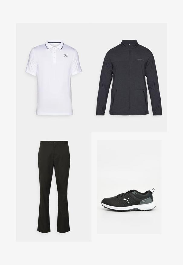 Juodas, ilgos rankovės švarkas su užtrauktuko apykakle, dviem šoninėm kišenėm ir subtiliu logotipu ant krūtinės. Lygus paviršius, lengvas audinys.; Balta polo marškinėliai su klasikine apykakle, trimis mygtukais ir tamsiai mėlynu akcentu. Kairėje pusėje yra mažas logotipas.; Juodos platėjančios kelnės, pagamintos iš lygios medžiagos. Turi priekinį užsegimą mygtuku, diržo kilpas ir jokių matomų raštų ar akcentų.; Juodi sportiniai bateliai su tekstūruota viršutine dalimi, balta padu su pilkomis detalėmis ir ryškiu prekės ženklo logotipu šone.