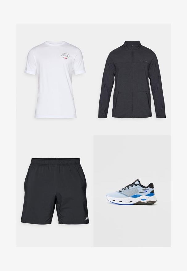 Černá bunda s dlouhým rukávem a zipovým límečkem, dvě boční kapsy a decentní logo na hrudi. Hladká textura, lehký materiál.; Bílý bavlněný tričko s krátkými rukávy, kulatým výstřihem a logem s květinovými akcenty na levé části hrudi.; Černé sportovní šortky s elastickým pasem, bočními kapsami a bílým logem. Vyrobené z lehké, hladké látky.; Světle modrá sportovní bota s síťovaným svrškem, černými akcenty a bílou skvrnitou podešví. Má zaoblený tvar a černé tkaničky pro bezpečné uchycení.