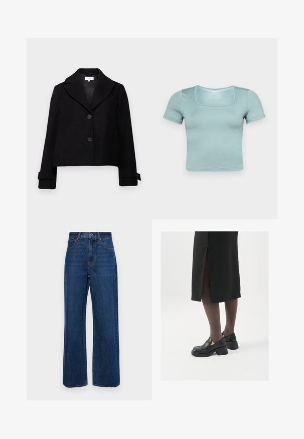 Černá zkrácená bunda s klopovým límcem, dvěma předními knoflíky a knoflíkovými manžetami. Vyrobena z látky s hladkou texturou.; Krátký rukáv, zkrácený top v světle modré barvě; má čtvercový výstřih, hladkou texturu a přiléhavý střih pro moderní vzhled.; Tmavě modré široké džíny vyrobené z denimové látky, s vysokým pasem, designem se pěti kapsami a viditelným prošíváním podél švů.; Černé kožené boty s kulatou špičkou, silným blokovým podpatkem a elastickými bočními akcenty, spárované s tmavými punčochami a černou sukní se rozparkem.