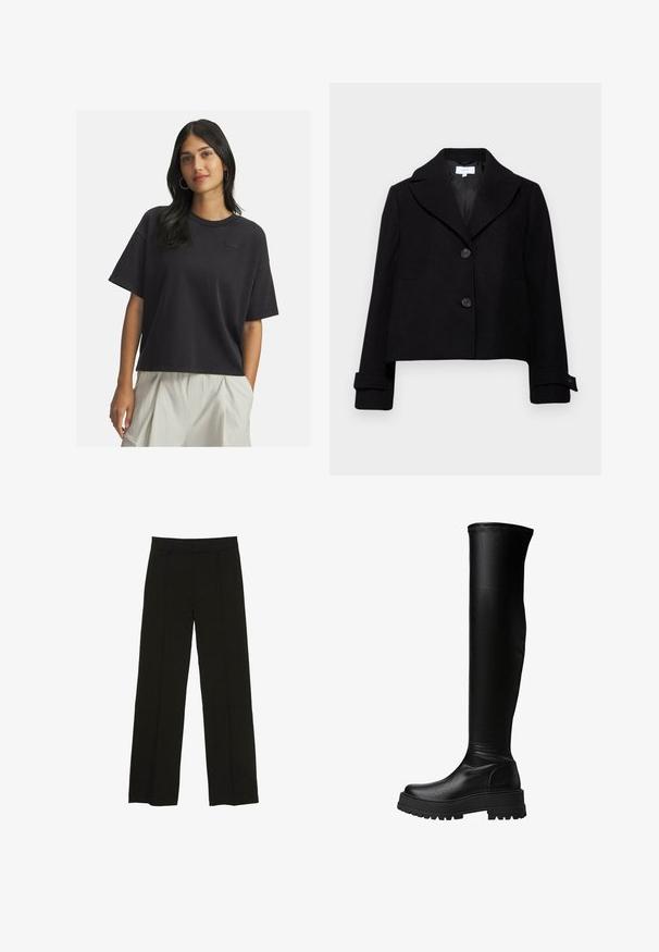 Giacca nera corta con colletto a risvolto, due bottoni frontali e polsini con bottone. Realizzata in tessuto con una texture liscia.; Donna con lunghi capelli scuri, che indossa una maglietta nera a maniche corte e larga, e pantaloni chiari beige a vita alta, in piedi con una mano in tasca.; Pantaloni neri a gamba larga realizzati in un tessuto morbido, con una vita aderente e sottili pieghe frontali per un tocco di consistenza.; Stivali neri al ginocchio realizzati in pelle sintetica liscia, con suola spessa e dettagli sui pannelli laterali, e cuciture lungo il bordo superiore.