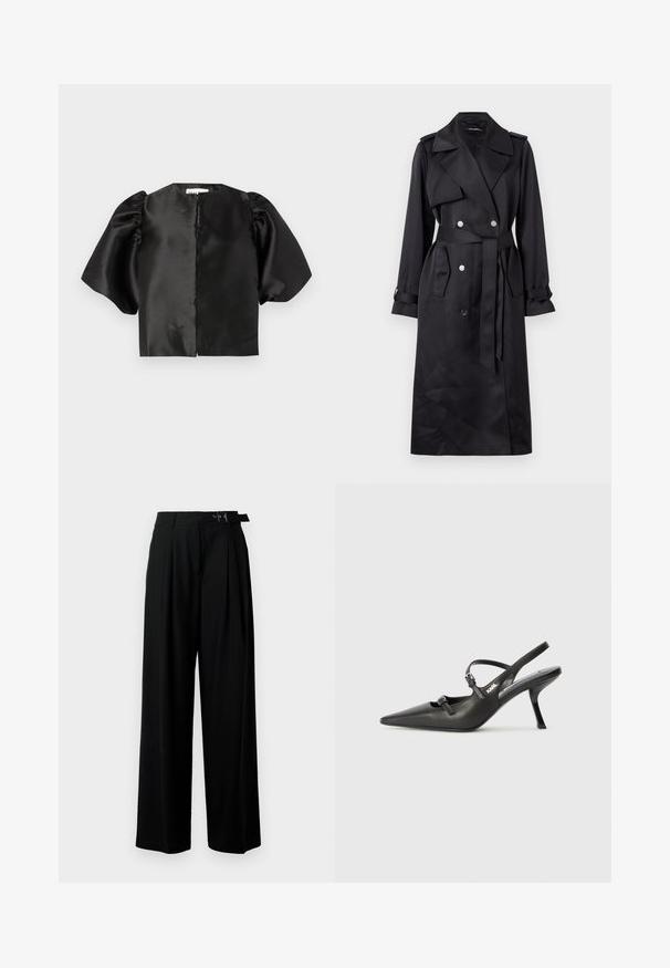 Sort trenchcoat lavet af glat stof, med dobbeltknaplukning og sølvknapper, talje med bælte og brede klapper.; Sort satin cropped top med puffede korte ærmer og åbning foran. Glat tekstur med en blank finish, minimalistisk design.; Sort vide-bein bukser med høj talje, læg foran og et bælte med spænde. Fremstillet af glat, let materiale.; Sorte læder slingback hæle med spids tå, slank hæl og dekorativ spænde detalje på vampen. Glat tekstur og strømlinet design.