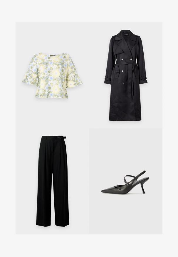 Svart trench coat i slät tyg, med dubbla knappar framtill i silver, bälte i midjan och breda slag.; Bruuns Bazaar YVONNE CARLIS - Blus - multi coloured; Svarta byxor med vida ben och hög midja, med veck framtill och ett bälte med spänne. Tillverkade av ett mjukt, lätt tyg.; Svarta läderklackar med slingback, spetsig tå, smal klack och dekorativ spänndetalj på ovansidan. Slät struktur och stilren design.