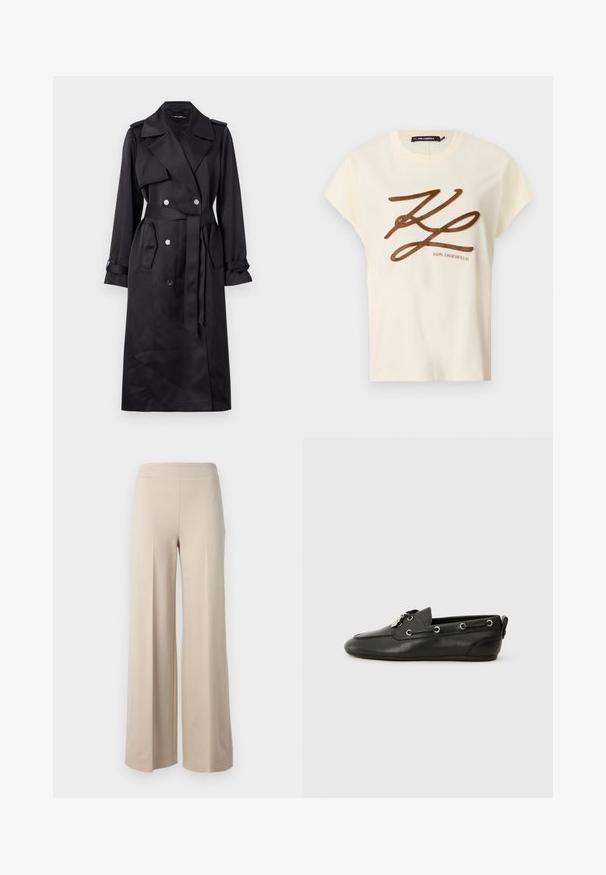 Manteau noir en tissu lisse, présentant un devant croisé avec des boutons en argent, une taille ceinturée et des revers larges.; T-shirt en coton couleur crème à manches courtes, avec un logo brodé marron et un design en script à l'avant.; DRYKORN BEFORE - Pantalon classique - brown; Chaussures bateau en cuir noir avec bout arrondi, devant à lacets, oeillets en métal et semelle plate. Elles sont dotées d'une petite languette à l'arrière.