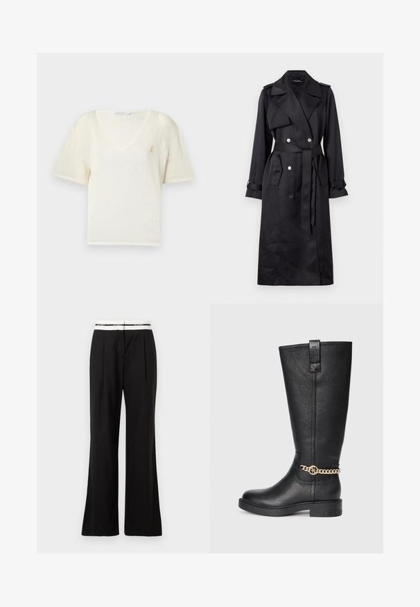 Black trench coat made of smooth fabric, featuring double-breasted front with silver buttons, a belted waist, and wide lapels.; Short-sleeve, V-neck t-shirt in soft cream fabric with a relaxed fit, featuring a small gold emblem on the chest. Smooth texture.; Black trousers with a relaxed fit, featuring a white elastic waistband with branding. Made of smooth fabric with a slight sheen.; Black leather knee-high boot with a textured finish, featuring a decorative gold chain accent and a flat rubber sole.
