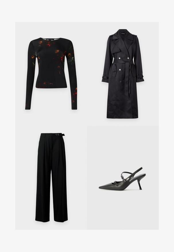 Fekete trench coat sima anyagból, dupla gombolású elülső résszel, ezüst gombokkal, övvel ellátott derékrésszel és széles gallérral.; Hosszú ujjas fekete felső piros, narancssárga és zöld virágmintával. Sima anyag, karcsú fazon és kerek nyakkivágás.; Fekete, bő szárú nadrág magas derékkal, elöl pliszírozva, és csattal ellátott övvel. Simább, könnyű anyagból készült.; Fekete bőrszíjjal ellátott magassarkú cipő, hegyes orral, karcsú sarkával és díszes csattal a vamp részén. Simás textúra és elegáns dizájn.