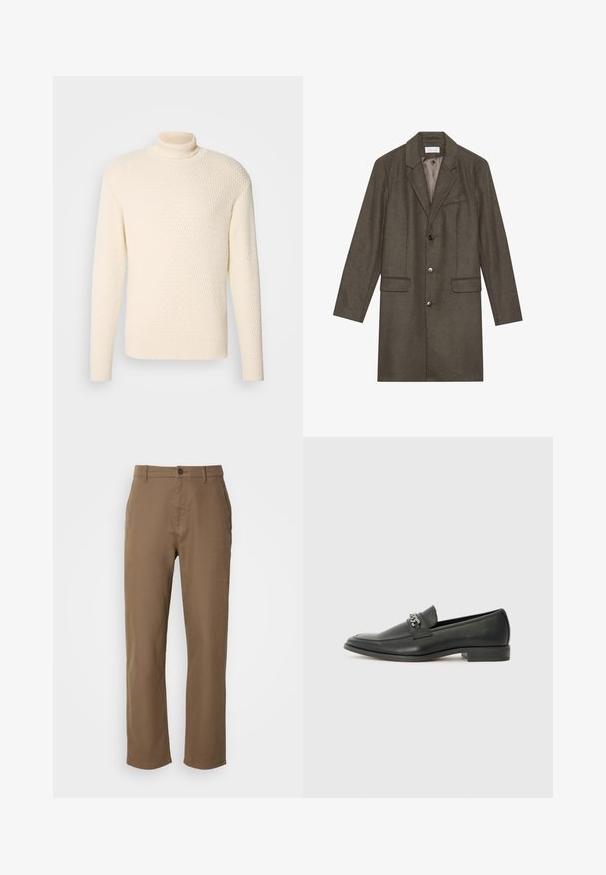 Dunkelolivgrüner, knielanger Wollmantel mit Revers, drei vorderen Knöpfen, zwei Taschen mit Klappen und einer Brusttasche, vollständig gefüttert.; Lindbergh ROLL NECK STRUCTURE SWEATER - Strickpullover - ecru; Braune Baumwollhosen mit geradem Schnitt, Knopfverschluss und Seiten Taschen. Sie verfügen über eine glatte Textur und ein schlichtes, unverziertes Design.; Schwarzer Lederloafer mit glatter Oberfläche, ausgestattet mit einer gesteppten Gestaltung und einem dekorativen Metallkettendetail über dem Vorderblatt. Flacher Absatz.