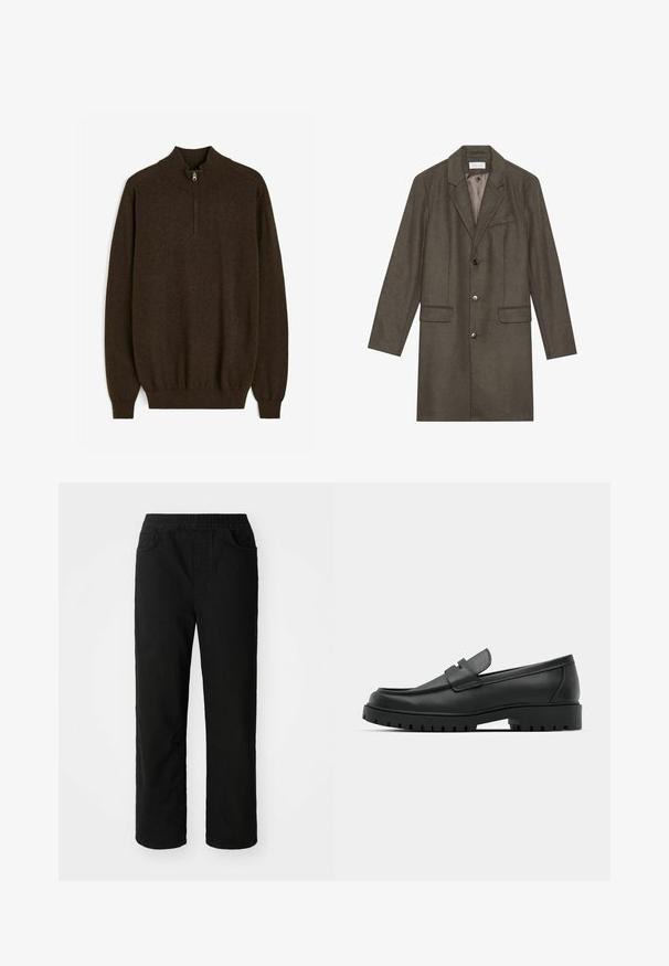 Dunkelolivgrüner, knielanger Wollmantel mit Revers, drei vorderen Knöpfen, zwei Taschen mit Klappen und einer Brusttasche, vollständig gefüttert.; Brauner Pullover mit hohem Kragen, halbem Reißverschluss und gerippten Bündchen und Saum. Mit einer glatten Strickstruktur.; Schwarze Baumwollhose mit lockerer Passform, elastischem Taillenbund, zwei Fronttaschen und geradem Bein. Glatte Textur ohne sichtbare Muster.; Schwarze Lederloafer mit runder Zehenform, ausgestattet mit einem gesteppten Design, niedrigem Plattformsohle und einer strukturierten, genoppten Gummisohle.